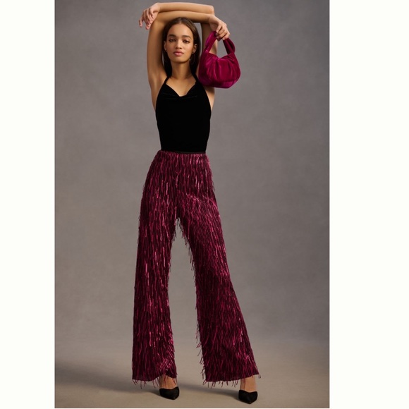 NWT Anthropologie Maeve Fringed Sequined Wide-Leg Pants 4 Petite - Picture 3 of 13